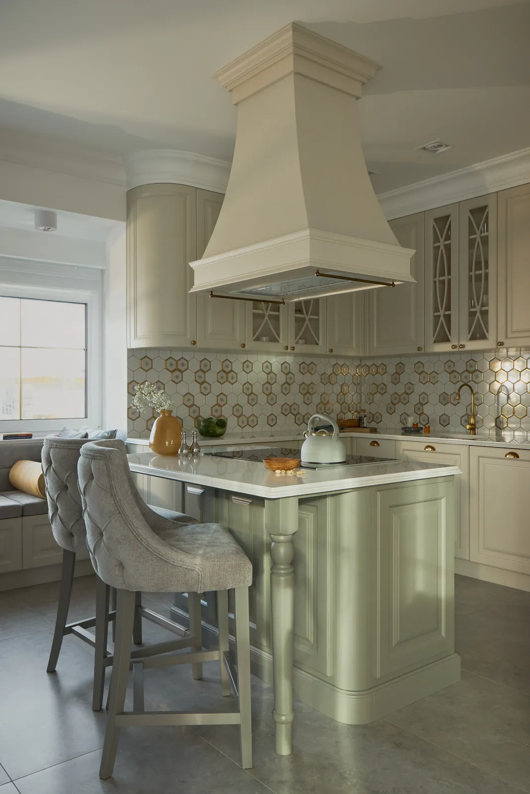 Classic European kitchen with inset doors and honeycomb tile backsplash